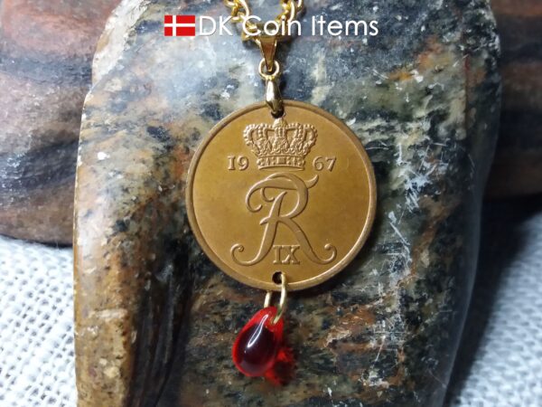 Denmark 1967 R coin necklace. 57 year old Danish 5 ore coin pendant with red bead