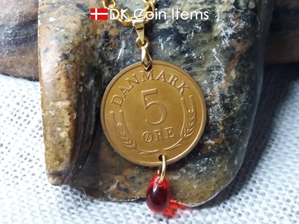 Denmark 1967 R coin necklace. 57 year old Danish 5 ore coin pendant with red bead