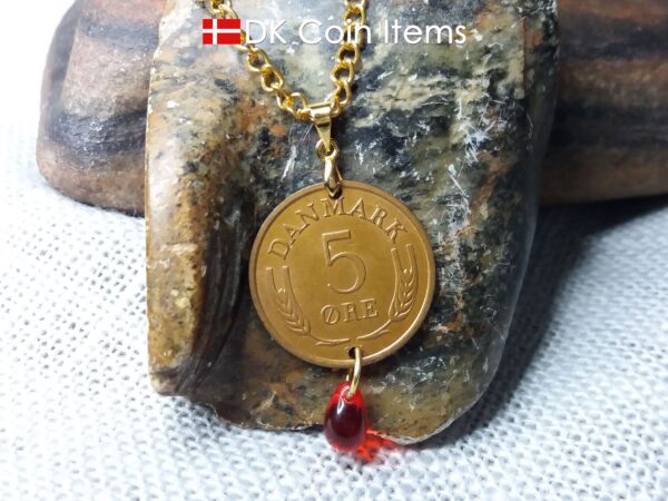 Denmark 1967 R coin necklace. 57 year old Danish 5 ore coin pendant with red bead