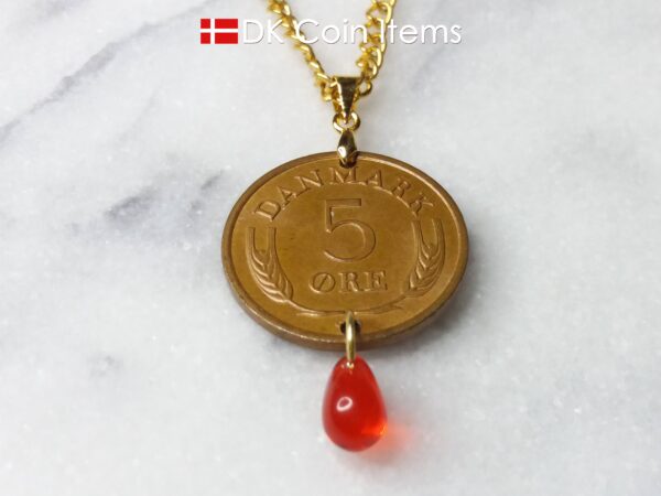 Denmark 1967 R coin necklace. 57 year old Danish 5 ore coin pendant with red bead