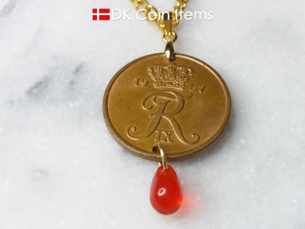 Denmark 1967 R coin necklace. 57 year old Danish 5 ore coin pendant with red bead