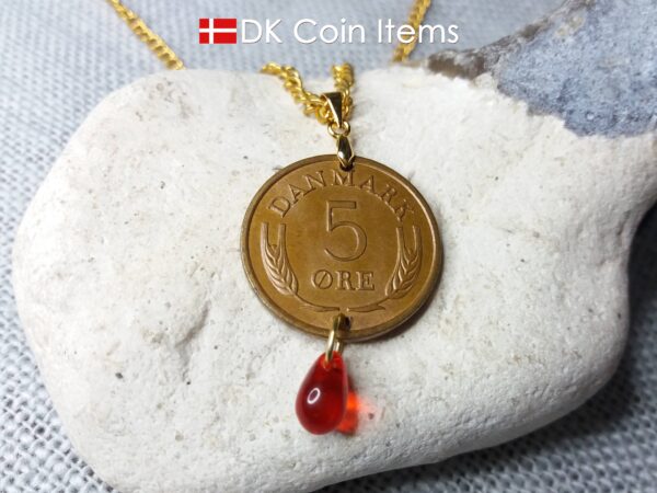 Denmark 1967 R coin necklace. 57 year old Danish 5 ore coin pendant with red bead