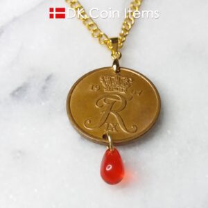 Denmark 1967 R coin necklace. 57 year old Danish 5 ore coin pendant with red bead