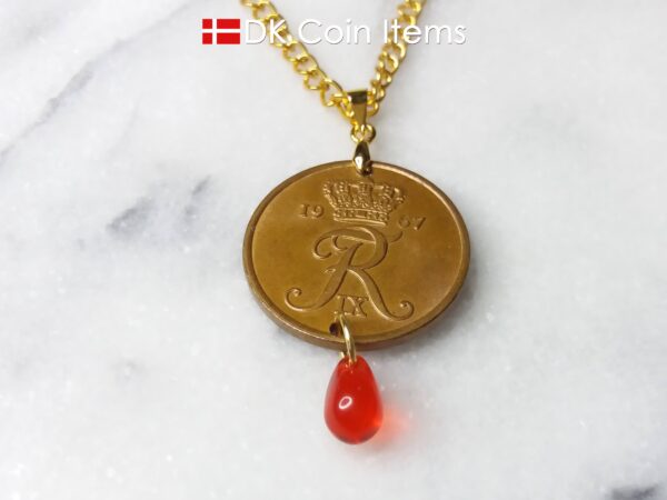 Denmark 1967 R coin necklace. 57 year old Danish 5 ore coin pendant with red bead