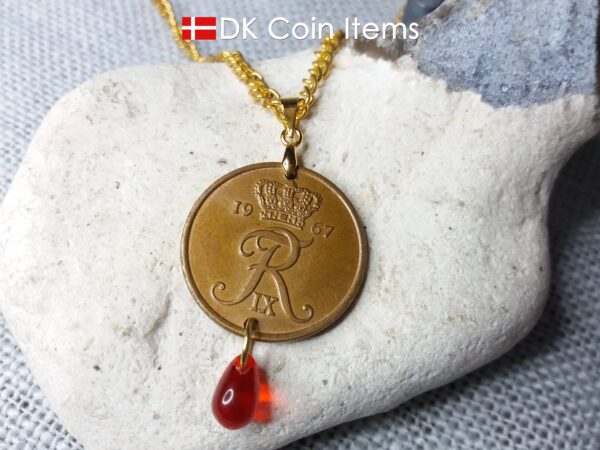 Denmark 1967 R coin necklace. 57 year old Danish 5 ore coin pendant with red bead