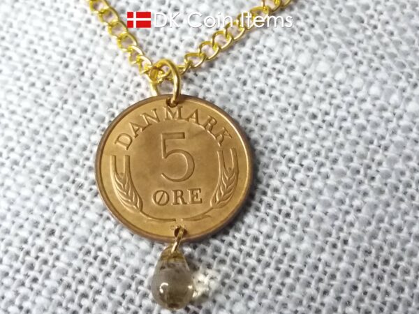 Denmark 1968 R coin necklace. 56 year old Danish 5 ore coin charm with brown bead