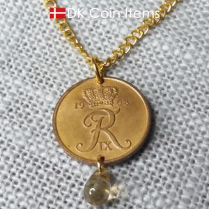 Denmark 1968 R coin necklace. 56 year old Danish 5 ore coin charm with brown bead