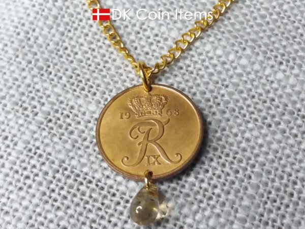 Denmark 1968 R coin necklace. 56 year old Danish 5 ore coin charm with brown bead