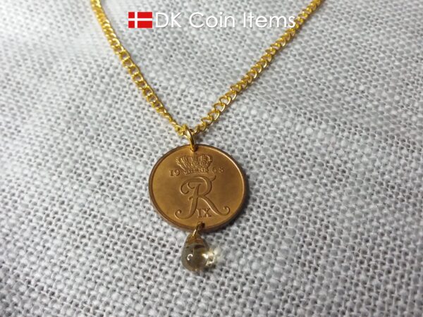 Denmark 1968 R coin necklace. 56 year old Danish 5 ore coin charm with brown bead