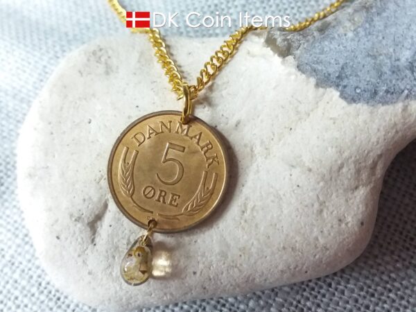 Denmark 1968 R coin necklace. 56 year old Danish 5 ore coin charm with brown bead