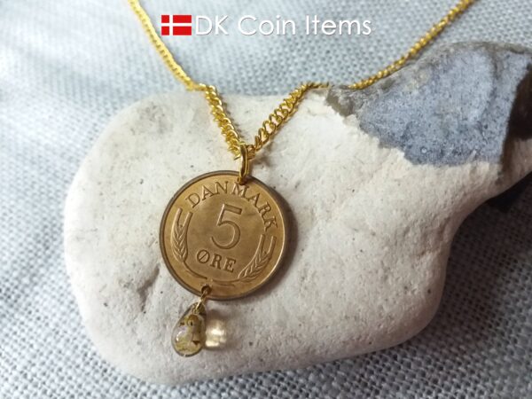 Denmark 1968 R coin necklace. 56 year old Danish 5 ore coin charm with brown bead