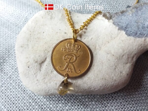 Denmark 1968 R coin necklace. 56 year old Danish 5 ore coin charm with brown bead