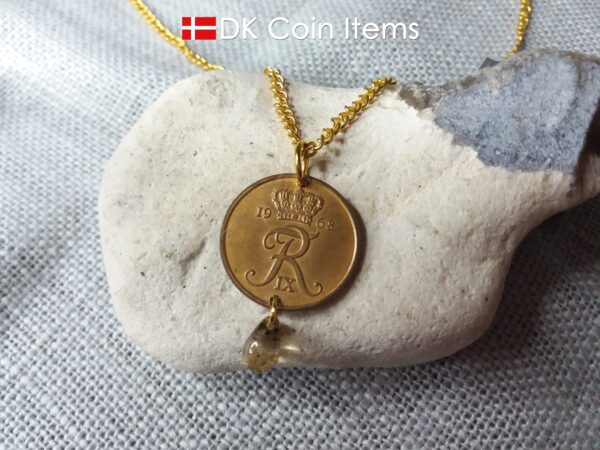 Denmark 1968 R coin necklace. 56 year old Danish 5 ore coin charm with brown bead