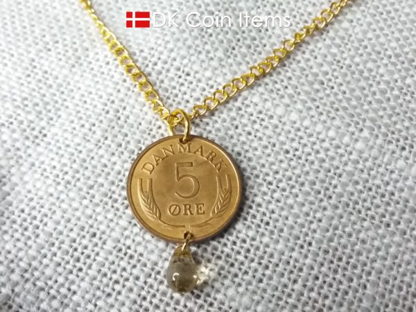 Denmark 1968 R coin necklace. 56 year old Danish 5 ore coin charm with brown bead