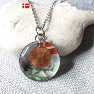 Denmark 5 ore coin pendant necklace + picture of a Danish Stone Age Dolmen. 1973 M initial coin.