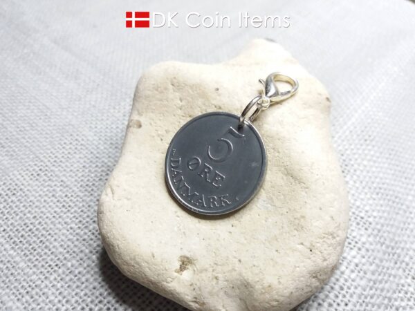 Danish 1952 coin charm. 72 year old 5 ore coin pendant with Crown R-initial. DKCoinItems 40412-2