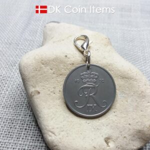 Danish 1952 coin charm. 72 year old 5 ore coin pendant with Crown R-initial. DKCoinItems 40412-2