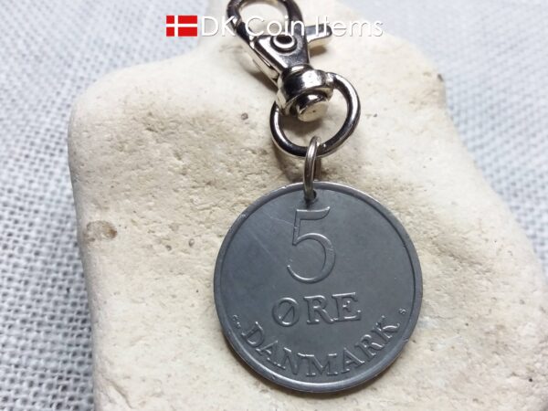 Danish 1960 coin charm. 64 year old 5 ore coin pendant with Crown R-initial.