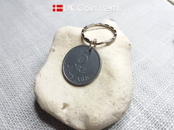 Danish 1960 coin keychain. 64 year old 5 ore coin pendant with Crown R-initial