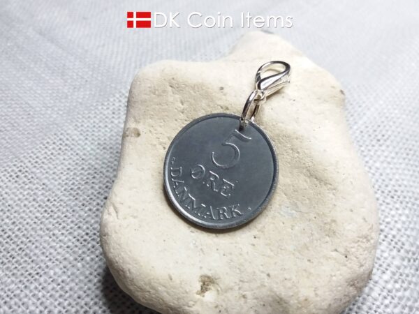 Danish 1960 coin charm. 64 year old 5 ore coin pendant with Crown R-initial