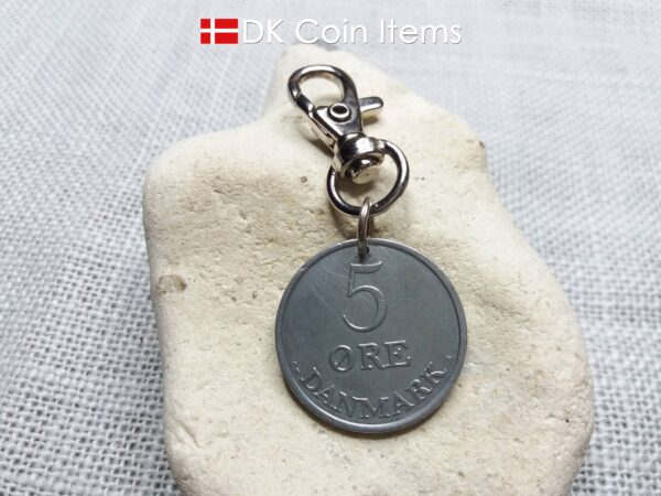 Danish 1960 coin charm. 64 year old 5 ore coin pendant with Crown R-initial.