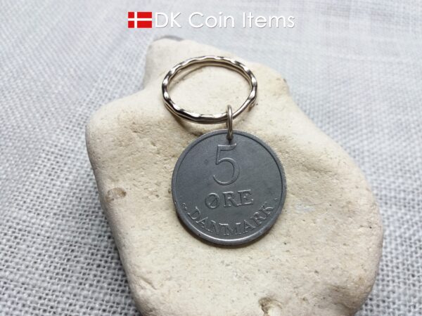 Danish 1960 coin keychain. 64 year old 5 ore coin pendant with Crown R-initial