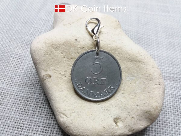 Danish 1960 coin charm. 64 year old 5 ore coin pendant with Crown R-initial