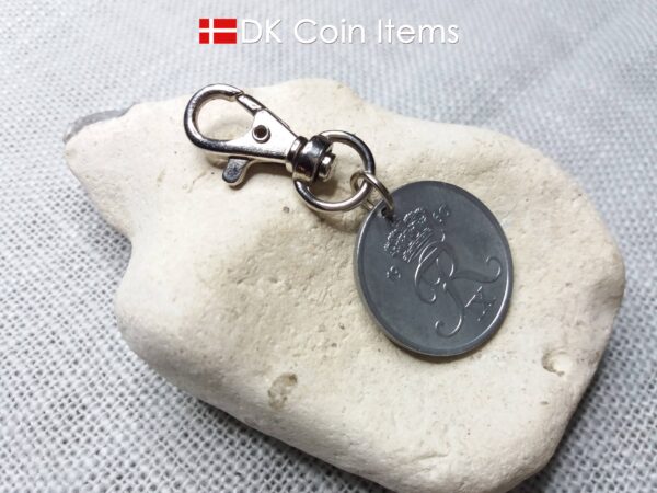 Danish 1960 coin charm. 64 year old 5 ore coin pendant with Crown R-initial.