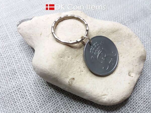 Danish 1960 coin keychain. 64 year old 5 ore coin pendant with Crown R-initial