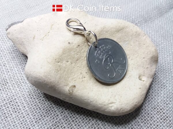 Danish 1960 coin charm. 64 year old 5 ore coin pendant with Crown R-initial