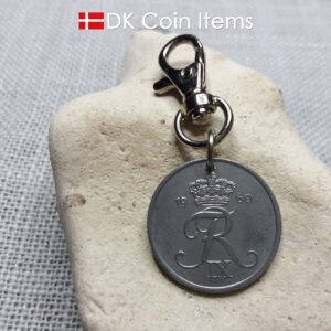 Danish 1960 coin charm. 64 year old 5 ore coin pendant with Crown R-initial.