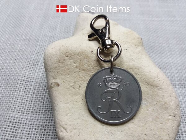 Danish 1960 coin charm. 64 year old 5 ore coin pendant with Crown R-initial.