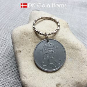 Danish 1960 coin keychain. 64 year old 5 ore coin pendant with Crown R-initial