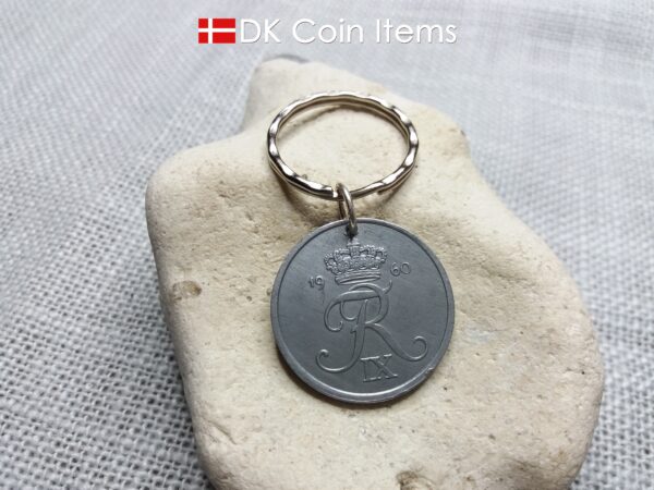 Danish 1960 coin keychain. 64 year old 5 ore coin pendant with Crown R-initial