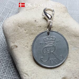 Danish 1960 coin charm. 64 year old 5 ore coin pendant with Crown R-initial