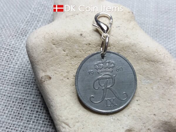 Danish 1960 coin charm. 64 year old 5 ore coin pendant with Crown R-initial