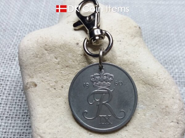 Danish 1960 coin charm. 64 year old 5 ore coin pendant with Crown R-initial.