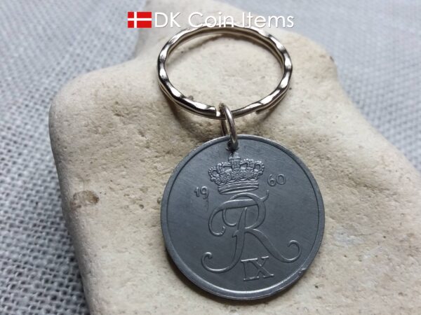 Danish 1960 coin keychain. 64 year old 5 ore coin pendant with Crown R-initial