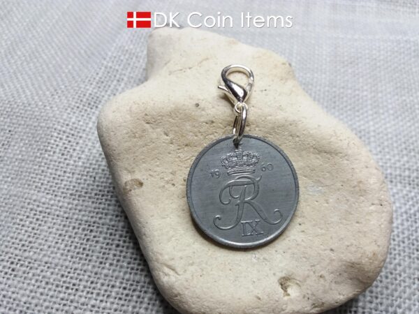 Danish 1960 coin charm. 64 year old 5 ore coin pendant with Crown R-initial