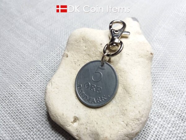 Danish 1960 coin charm. 64 year old 5 ore coin pendant with Crown R-initial.