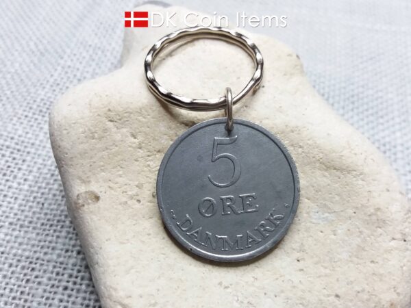 Danish 1960 coin keychain. 64 year old 5 ore coin pendant with Crown R-initial