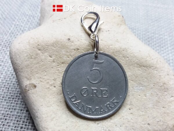 Danish 1960 coin charm. 64 year old 5 ore coin pendant with Crown R-initial