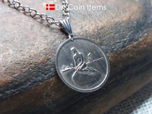 Denmark Little Mermaid coin necklace. Copenhagen The Little Mermaid Statue on Tramways coin token