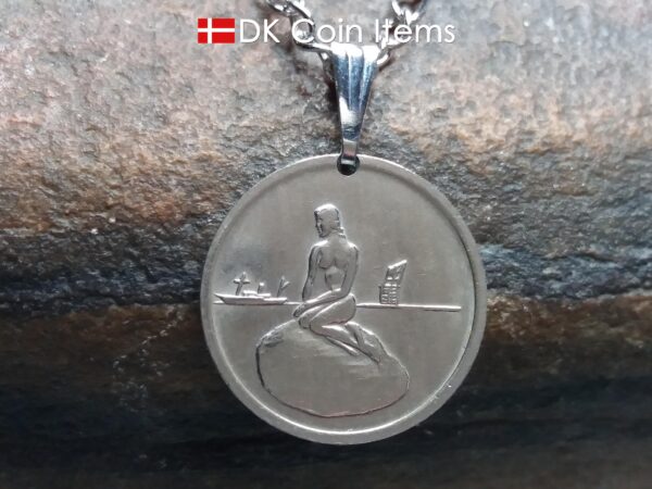 Denmark Little Mermaid coin necklace. Copenhagen The Little Mermaid Statue on Tramways coin token