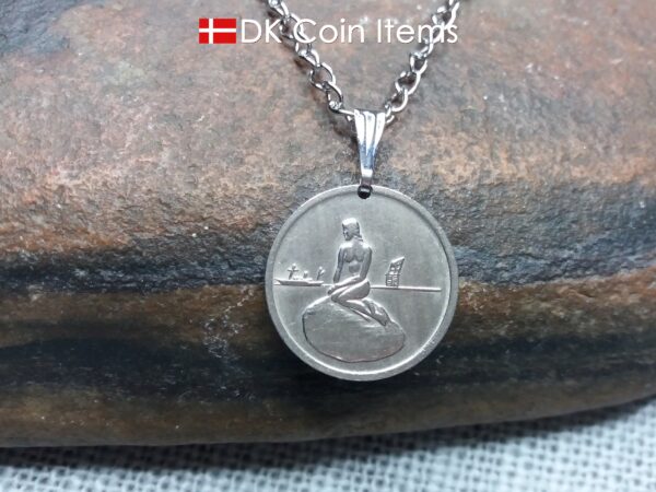 Denmark Little Mermaid coin necklace. Copenhagen The Little Mermaid Statue on Tramways coin token