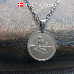 Denmark Little Mermaid coin necklace. Copenhagen The Little Mermaid Statue on Tramways coin token