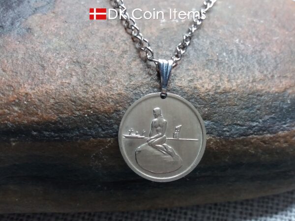 Denmark Little Mermaid coin necklace. Copenhagen The Little Mermaid Statue on Tramways coin token