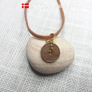 Denmark 1930 coin necklace. 94 year old coin pendant. Antique Danish souvenir. Copper 1 ore crown coin in gold plated chain