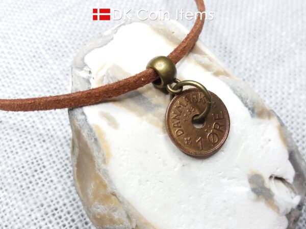 Denmark 1932 C coin necklace. 92 year 1 ore coin pendant. Antique Danish souvenir. Bronze plated bail and ring.