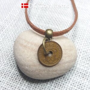 Denmark 1937 coin necklace. 87 year old coin pendant. Antique Danish souvenir. Copper 1 ore crown coin in bronze plated ring and bail